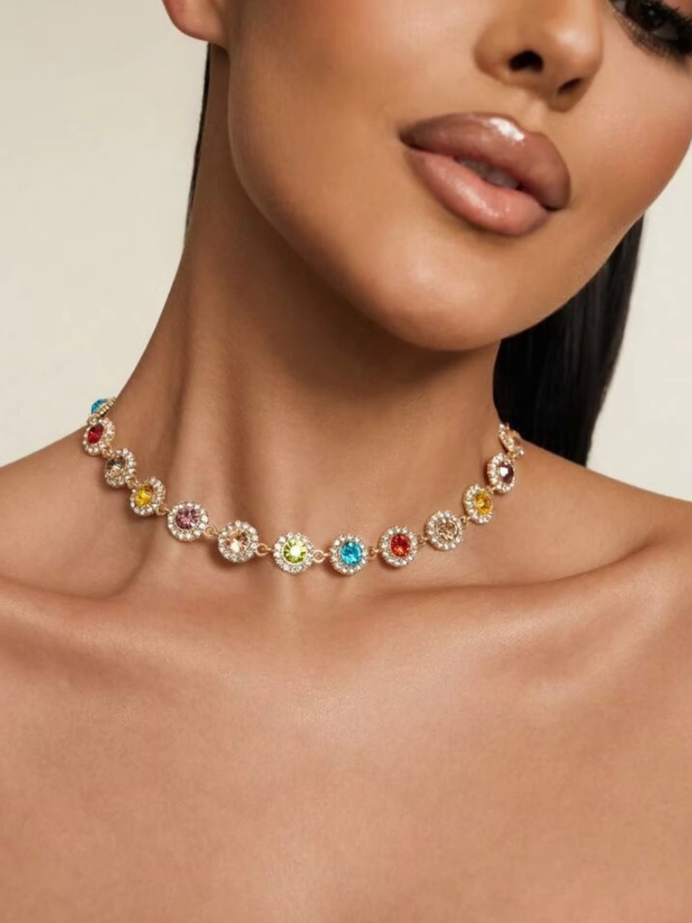 Multicolor Crystal Halo Choker Necklace - Women Jewelry